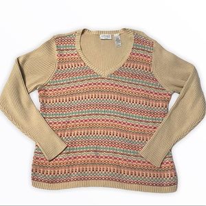 VILLAGER Nordic Fair Isle V-Neck Sweater Beige 1X